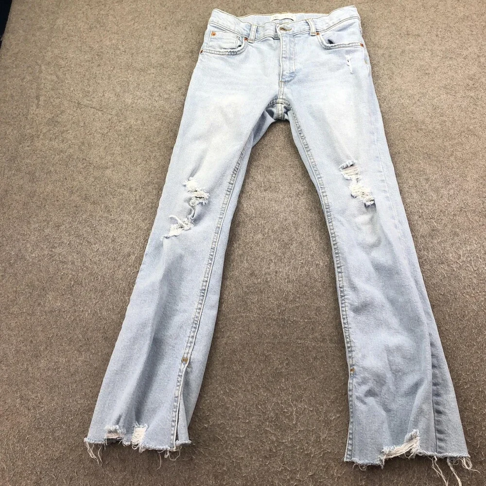 Zara Jeans Youth 13-14 Light Blue Straight Leg Distressed Ripped Raw Hem Denim